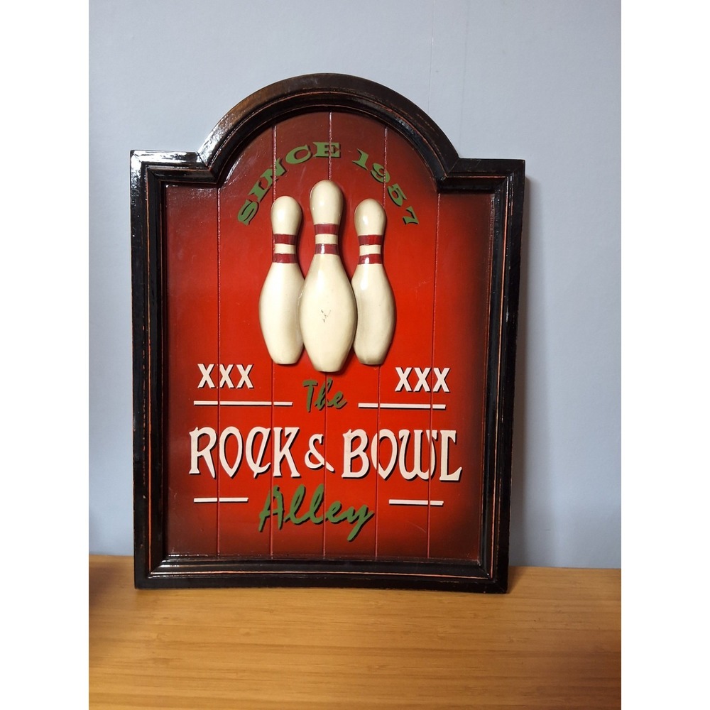 Vintage Retro-Style 3D The Rock & Roll Bowl Alley Wooden Wall Plaque. 16"× 12"